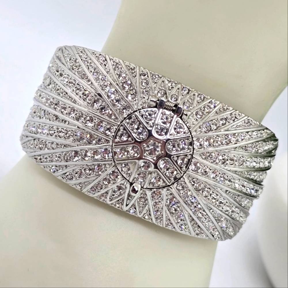 VICTORIA Wieck B6840 Cuff Bracelet Hidden Watch Pave Rhinestones Silver-ton e